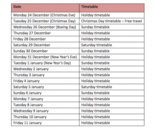 Bus timetable changes over holidays